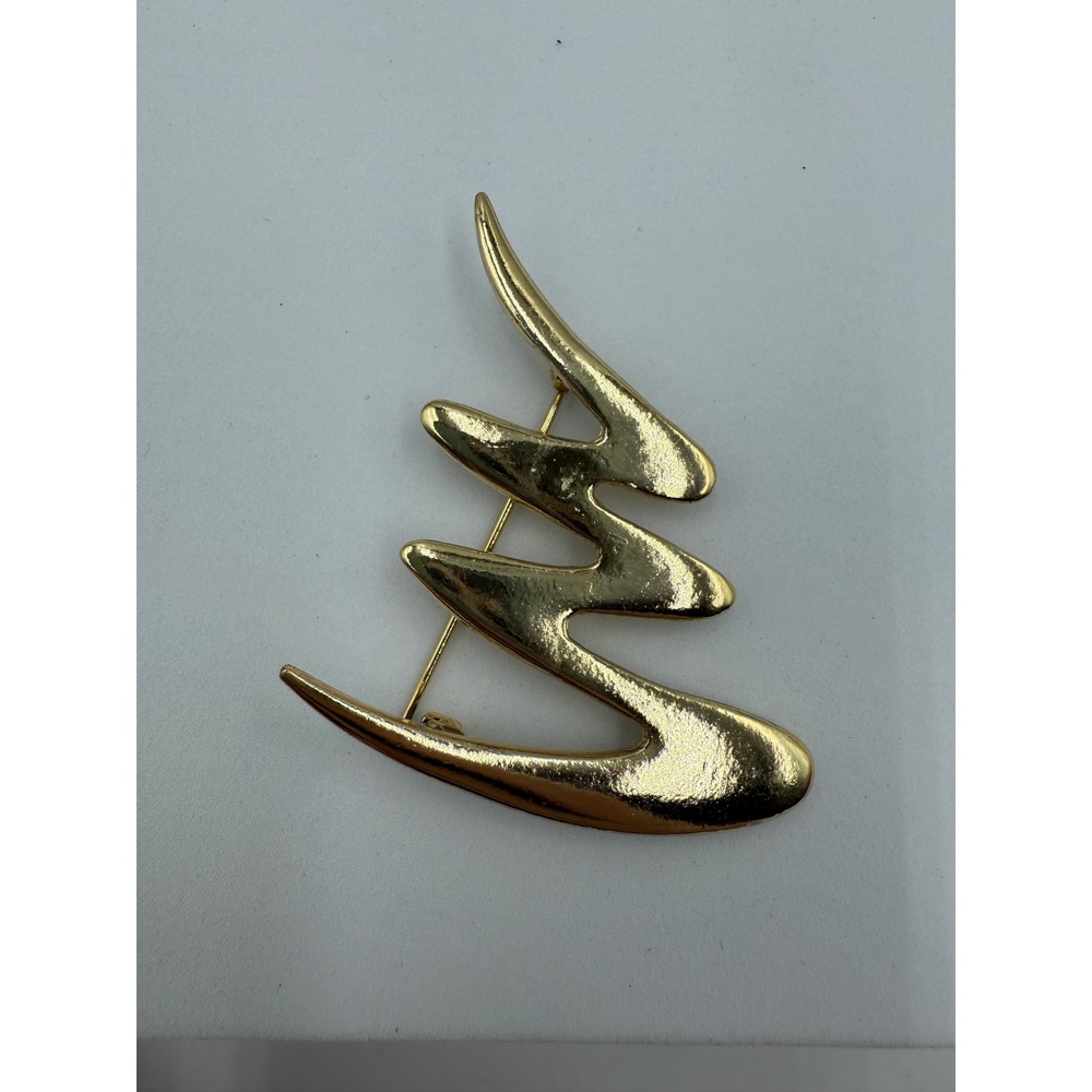 Vintage Gold Tone Abstract Zigzag Christmas Tree Brooch Pin Modernist Sculptural